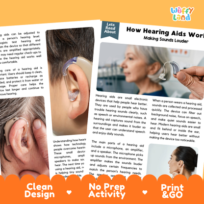 Complete teacher answer key worksheet providing detailed model responses for hearing aid comprehension questions