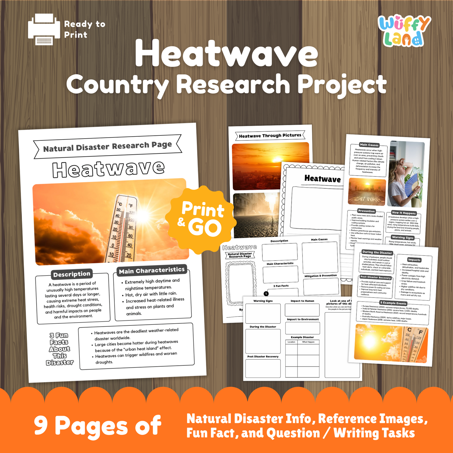 Printable heatwave research project for students, featuring a main research page with thermometer image, description and main characteristics of heatwaves, fun fact box, and multiple activity worksheets including picture observation, causes, prevention, warning signs, impacts, and real-life heatwave examples.