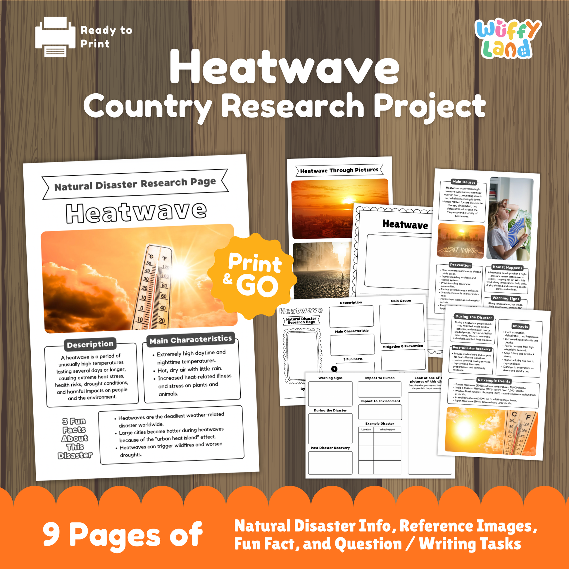 Printable heatwave research project for students, featuring a main research page with thermometer image, description and main characteristics of heatwaves, fun fact box, and multiple activity worksheets including picture observation, causes, prevention, warning signs, impacts, and real-life heatwave examples.