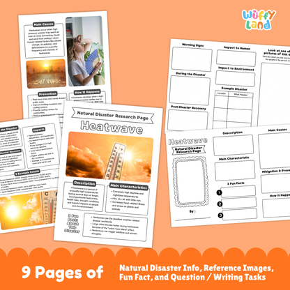 Printable heatwave research project for students, featuring a main research page with thermometer image, description and main characteristics of heatwaves, fun fact box, and multiple activity worksheets including picture observation, causes, prevention, warning signs, impacts, and real-life heatwave examples.