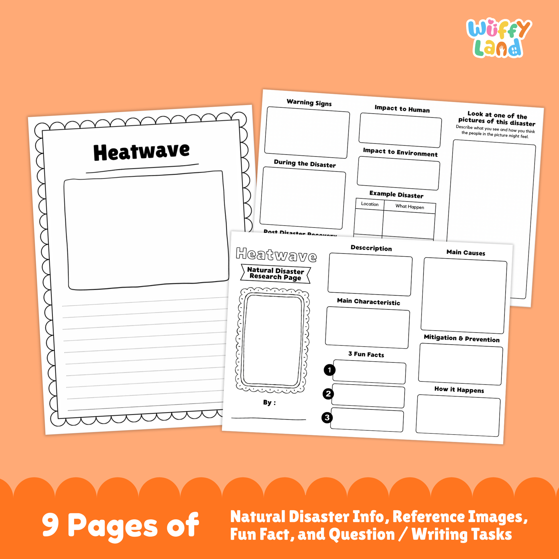 Printable heatwave research project for students, featuring a main research page with thermometer image, description and main characteristics of heatwaves, fun fact box, and multiple activity worksheets including picture observation, causes, prevention, warning signs, impacts, and real-life heatwave examples.