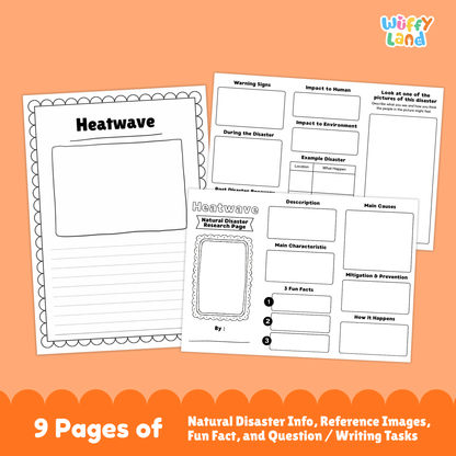 Printable heatwave research project for students, featuring a main research page with thermometer image, description and main characteristics of heatwaves, fun fact box, and multiple activity worksheets including picture observation, causes, prevention, warning signs, impacts, and real-life heatwave examples.