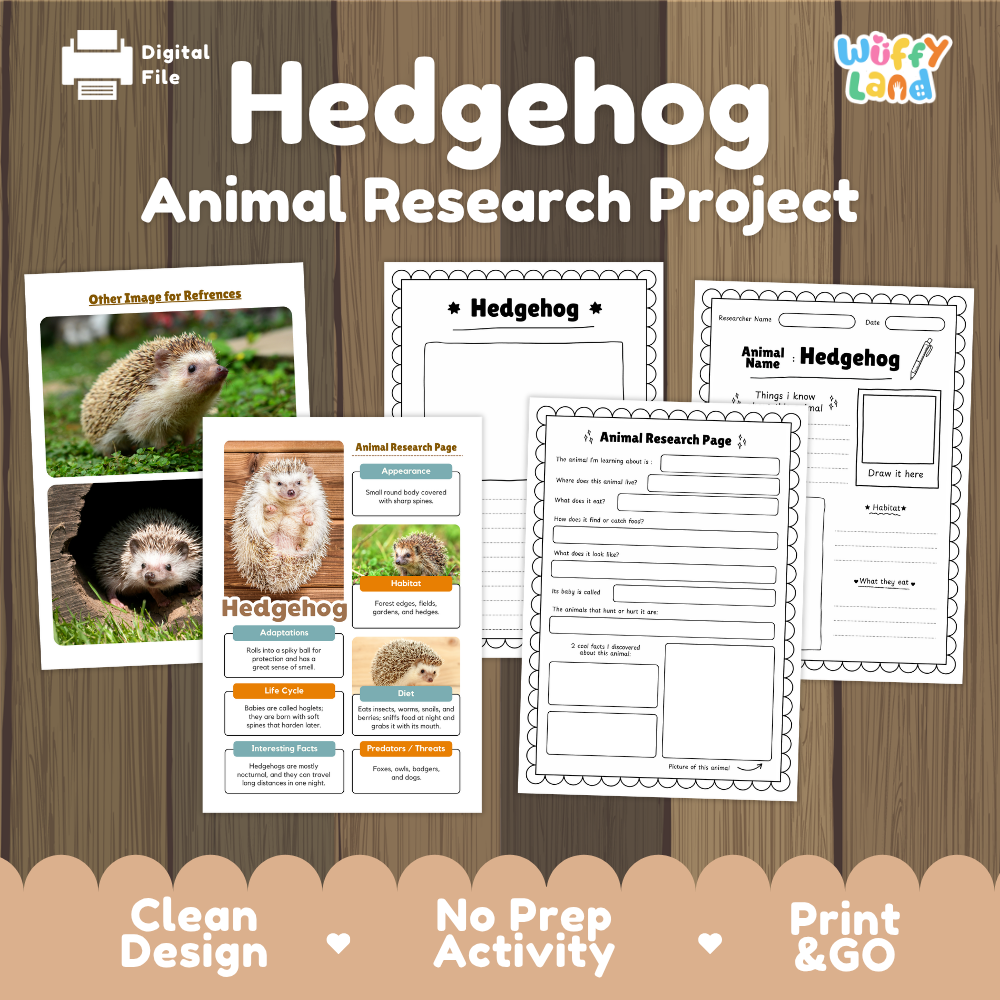 Digital educational activity sheet set titled 'Hedgehog Animal Research Project' on a wood-grain background. The set includes a reference image page, an animal research page, an animal research summary page, and an animal research plan page.