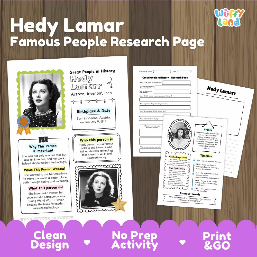 Hedy Lamarr Famous People Research Page Worksheets