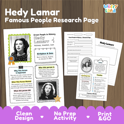 Hedy Lamarr Famous People Research Page Worksheets