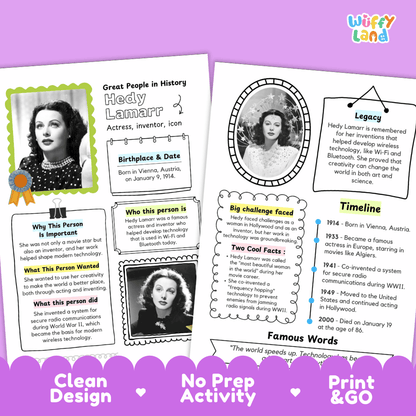 Hedy Lamarr Famous People Research Page Worksheets