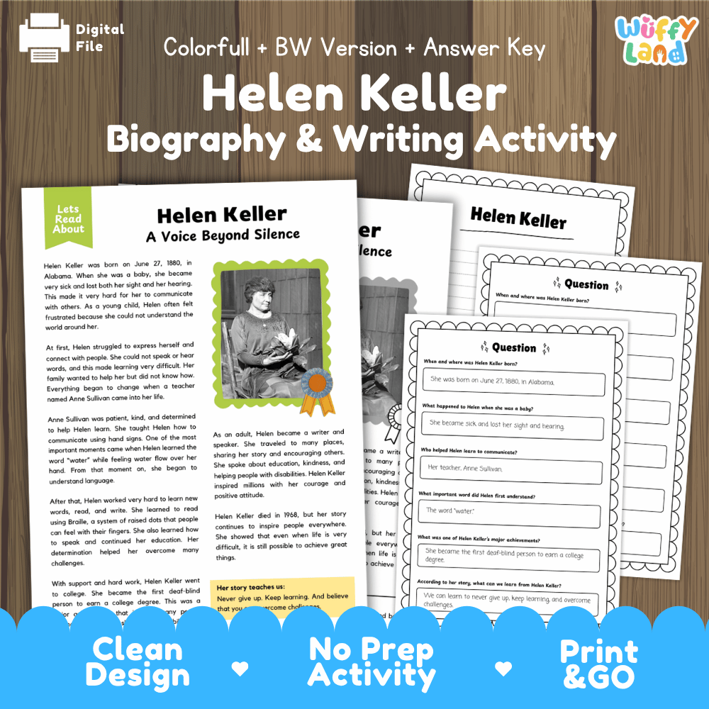 Digital printable activity sheet set for 'Helen Keller Biography & Writing Activity' shown on a wood background with branding at the top and bottom. The image includes multiple printed worksheet pages, including a biography page with text, a photo of Helen Keller, and writing activity sheets.