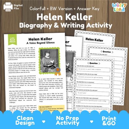 Digital printable activity sheet set for 'Helen Keller Biography & Writing Activity' shown on a wood background with branding at the top and bottom. The image includes multiple printed worksheet pages, including a biography page with text, a photo of Helen Keller, and writing activity sheets.
