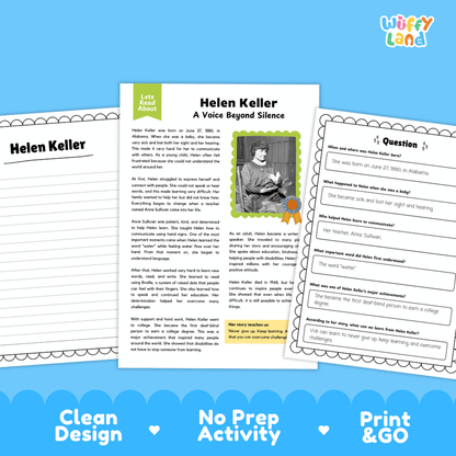 Educational Helen Keller printable activity sheet set by Wiffly Land, featuring a main text page, a question sheet, and a partial answer sheet on a blue background with promotional text.