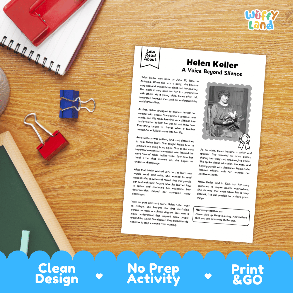 A printed educational worksheet titled 'Helen Keller: A Voice Beyond Silence' laid on a wooden desk with notebooks, binder clips, and a pen visible around it. The sheet includes text, a black-and-white portrait, and a small 'Let's Read About' header.