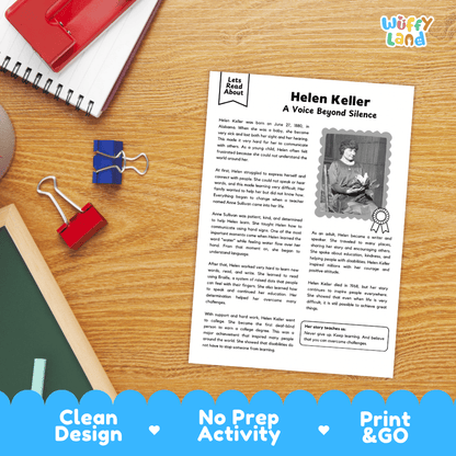 A printed educational worksheet titled 'Helen Keller: A Voice Beyond Silence' laid on a wooden desk with notebooks, binder clips, and a pen visible around it. The sheet includes text, a black-and-white portrait, and a small 'Let's Read About' header.