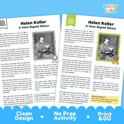 Two educational activity sheets about Helen Keller, titled 'Helen Keller: A Voice Beyond Silence,' shown side by side on a white background. The sheets have a clean, colorful layout with text, photos, and decorative elements.