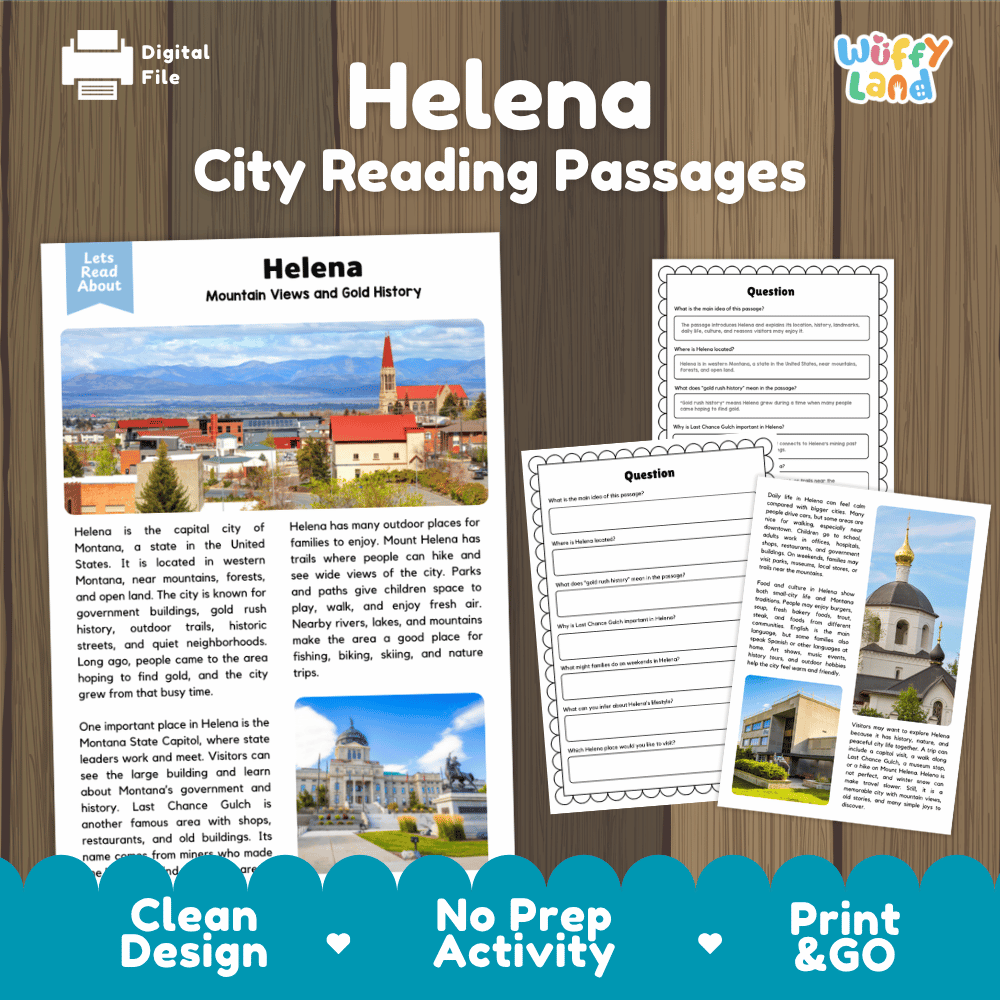 Helena city reading passages and comprehension worksheet educational unit featuring nonfiction text and authentic Helena Montana mountain skyline photography