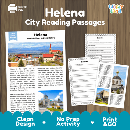 Helena city reading passages and comprehension worksheet educational unit featuring nonfiction text and authentic Helena Montana mountain skyline photography