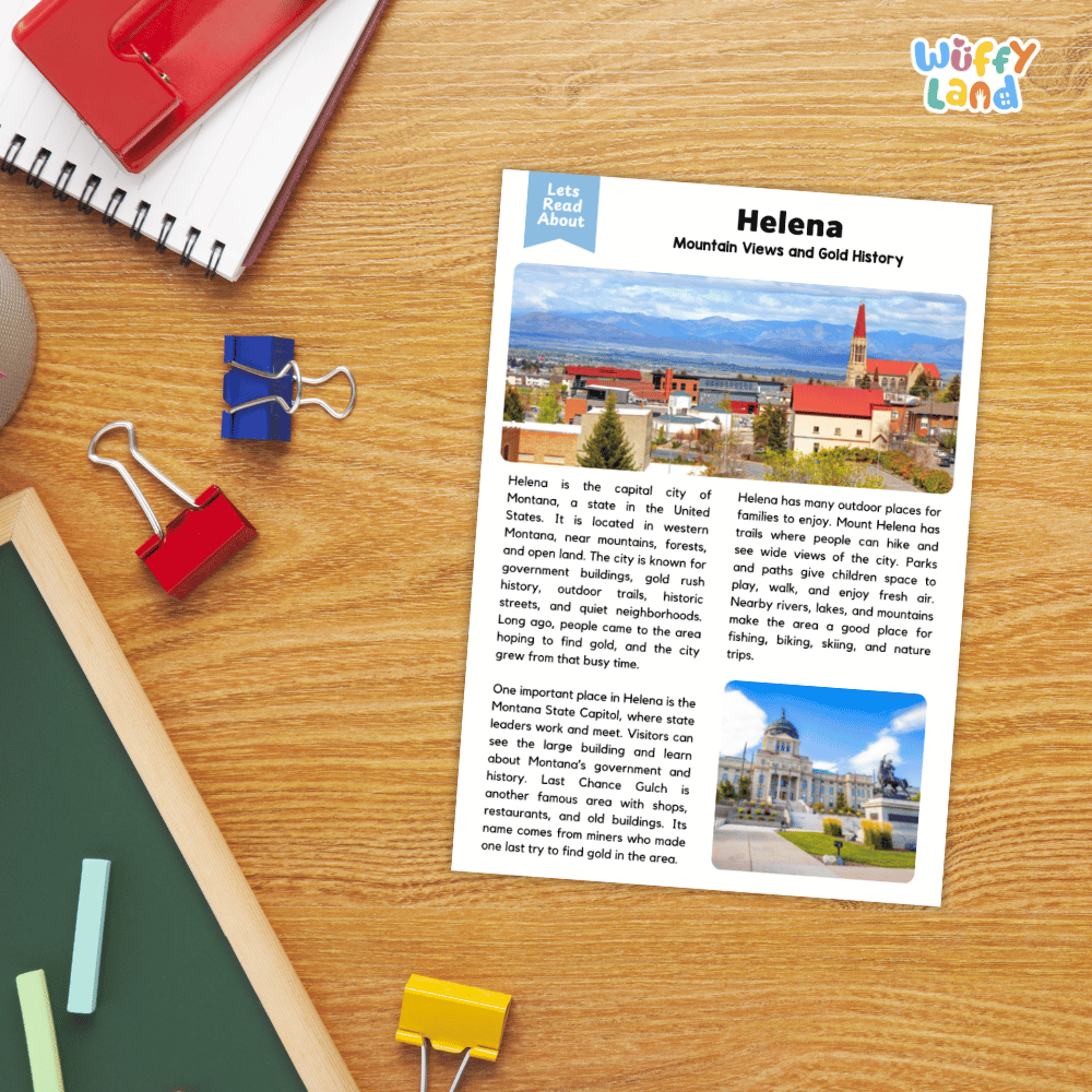 Lined reading comprehension question worksheet covering main ideas vocabulary terms gold rush history and mountain recreation in Helena Montana