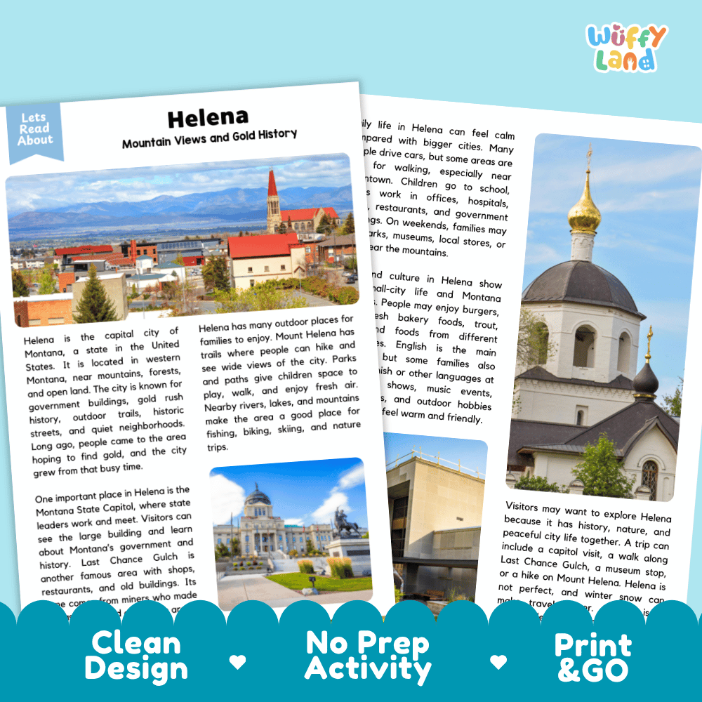 Reference sheet and answer key for Helena landmark reading passage displaying completed comprehension answers and United States geography facts