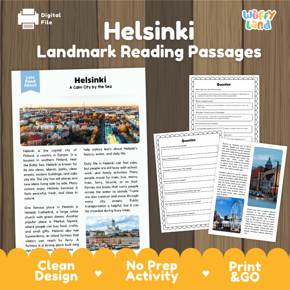 Helsinki landmark reading passage and comprehension worksheet educational unit featuring nonfiction text and authentic Finnish architecture photography