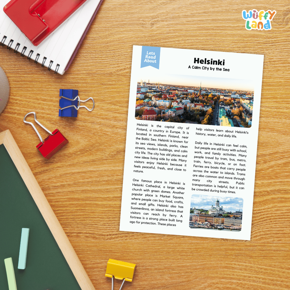 Lined reading comprehension question worksheet covering main ideas vocabulary terms and landmark facts about Helsinki Finland