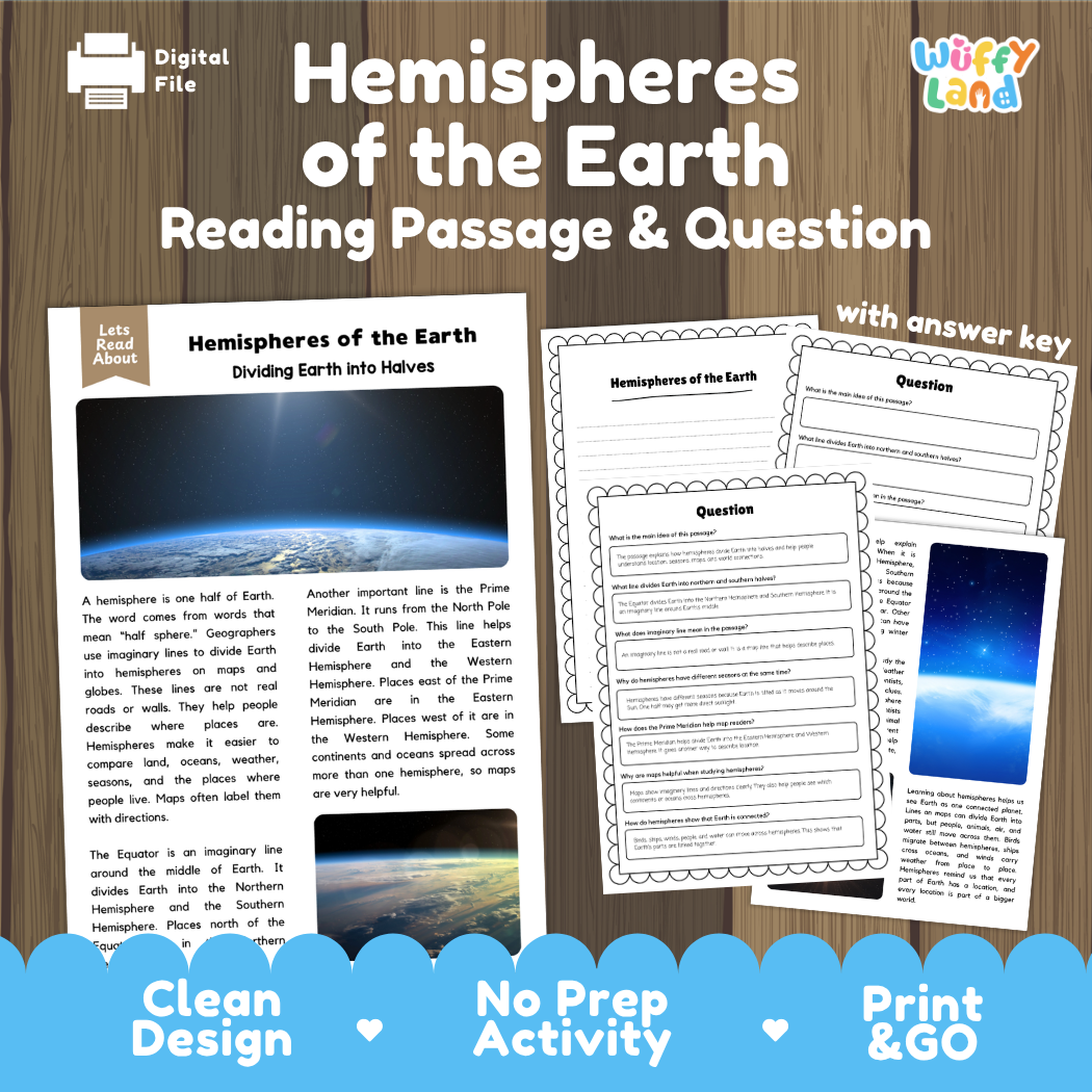 Hemispheres of the Earth reading comprehension passage and questions printable activity pack with answer key for elementary students