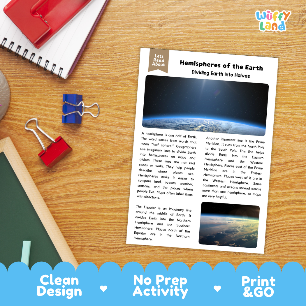 Student reading comprehension worksheet with short-answer questions and lined sections about Earth hemispheres
