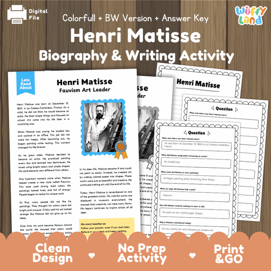 Henri Matisse biography reading comprehension worksheets with nonfiction passage, comprehension questions, writing activity and answer key for students