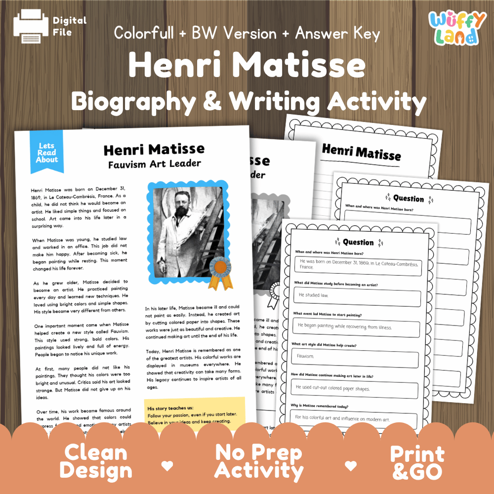 Henri Matisse Biography Reading Passage and Writing Activity Worksheets