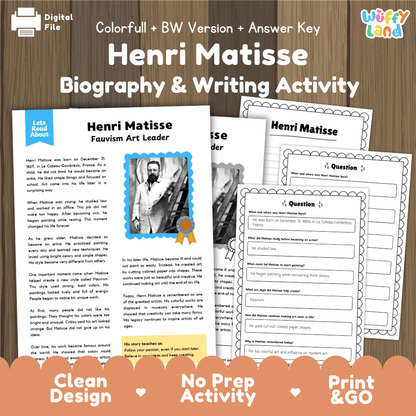 Henri Matisse Biography Reading Passage and Writing Activity Worksheets