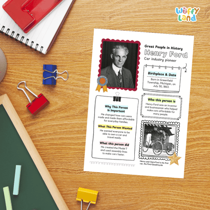 A printed educational worksheet about Henry Ford is laid on a wooden desk with school supplies around it, including a spiral notebook, binder clips, a chalkboard, and a pencil. The sheet includes a portrait photo, text boxes, and decorative borders.
