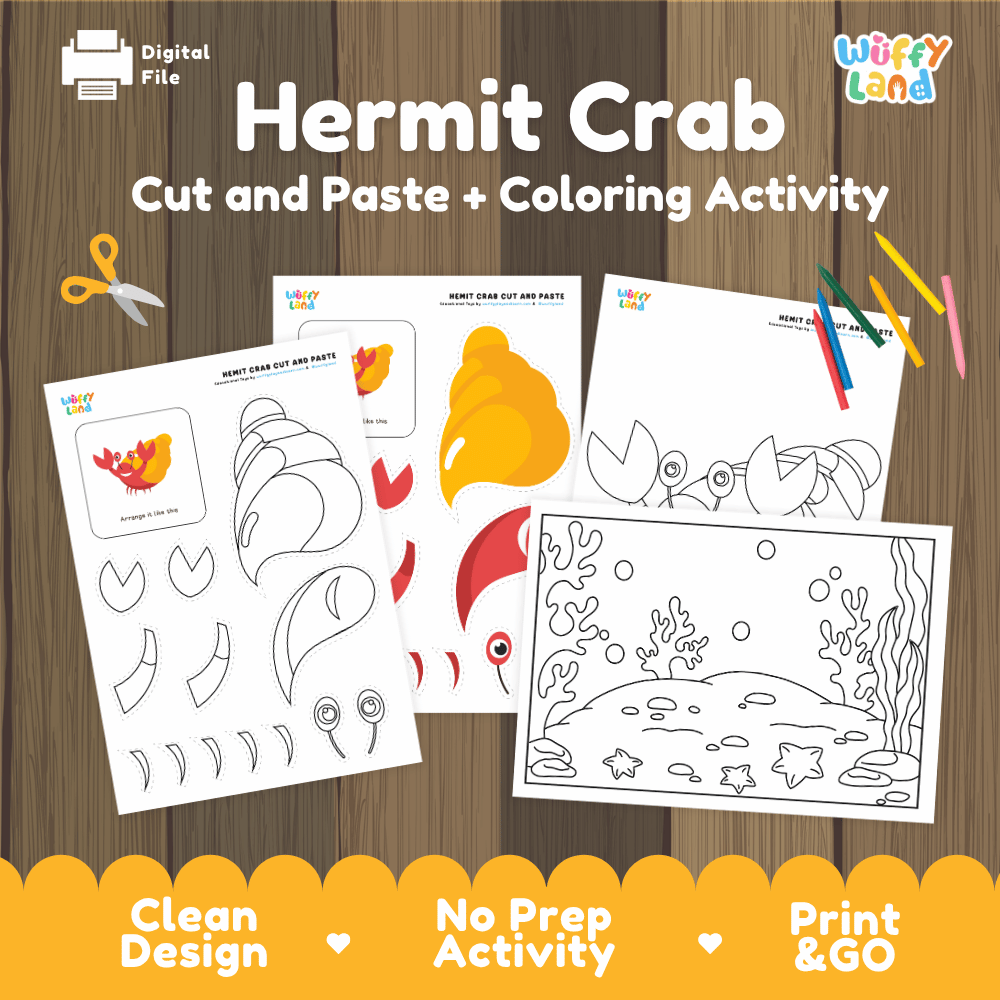 Hermit Crab Cut and Paste Craft and Coloring Activity Worksheets