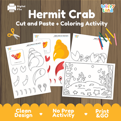 Hermit Crab Cut and Paste Craft and Coloring Activity Worksheets