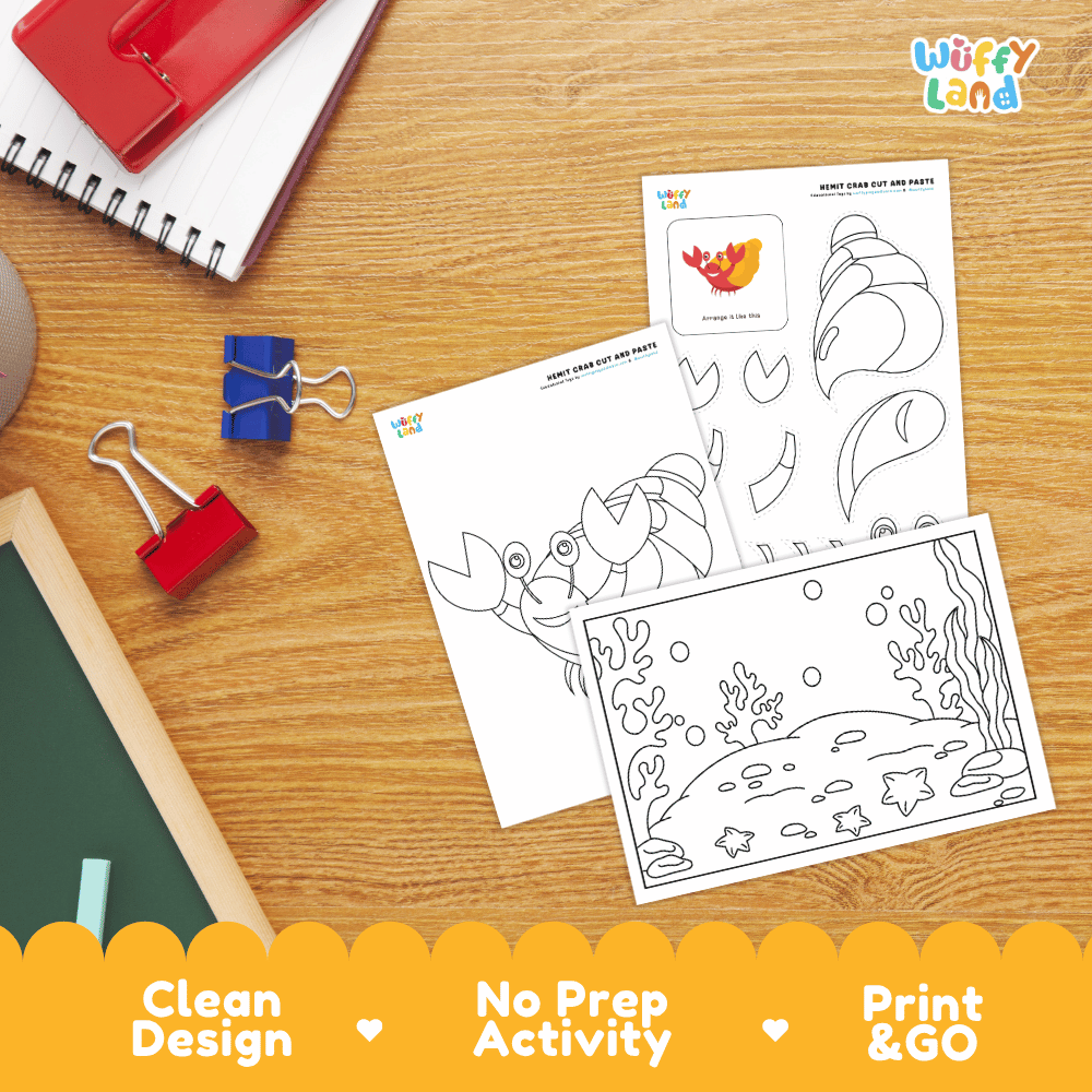 Hermit Crab Cut and Paste Craft and Coloring Activity Worksheets