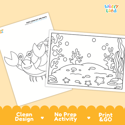 Hermit Crab Cut and Paste Craft and Coloring Activity Worksheets