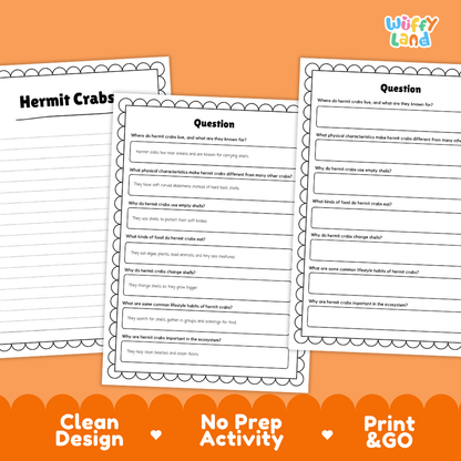 Three educational worksheet pages about Hermit Crabs displayed on an orange background with the text 'Clean Design', 'No Prep Activity', and 'Print & GO'. The pages have black scalloped borders and printed text with blank lines for writing answers.