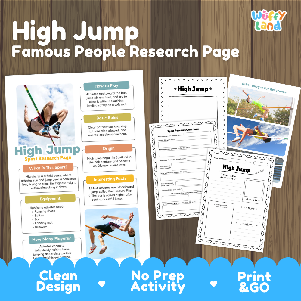 High Jump Sport Research Project Worksheets and Fact Sheet Activity