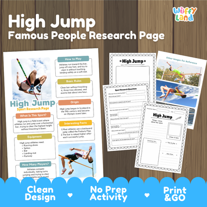 High Jump Sport Research Project Worksheets and Fact Sheet Activity