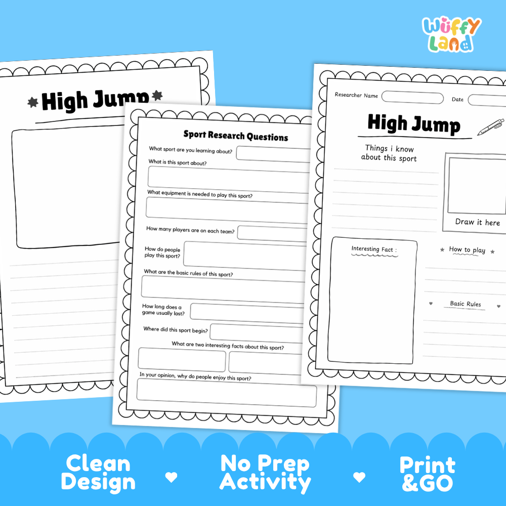 High Jump Sport Research Project Worksheets and Fact Sheet Activity