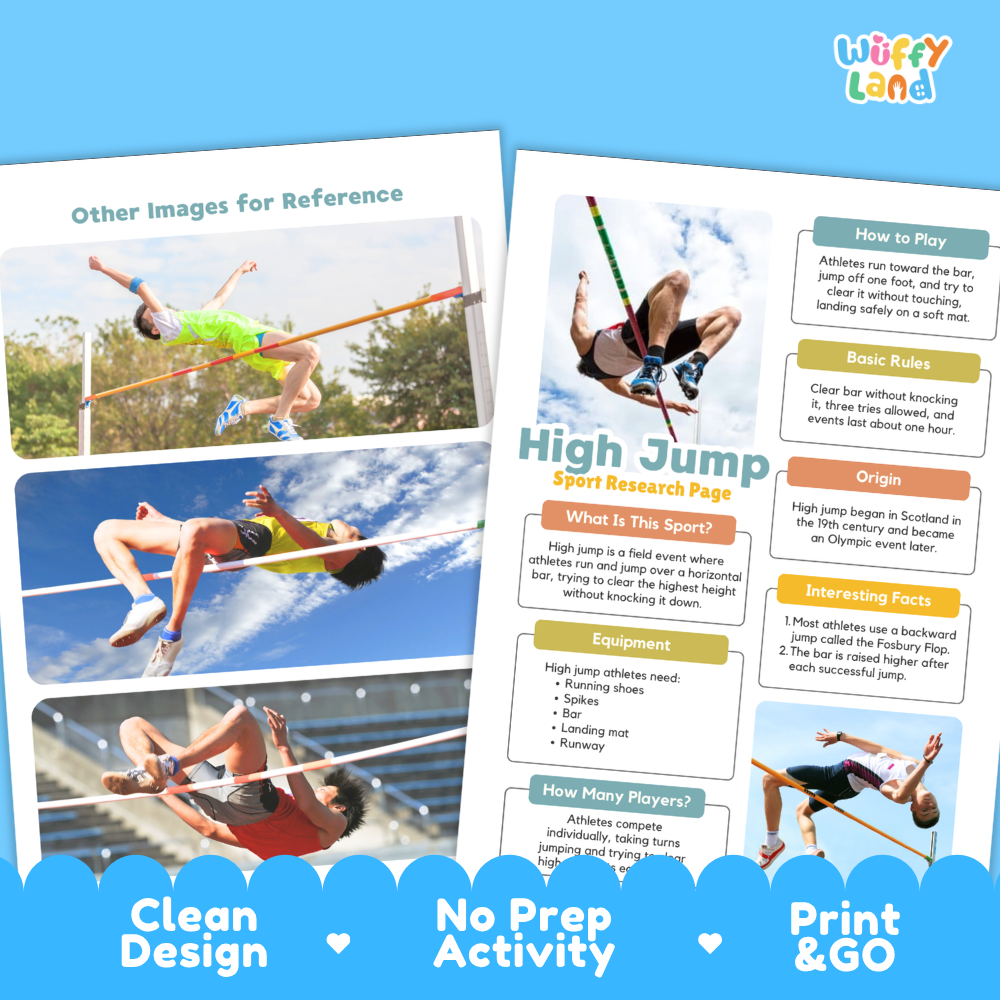 High Jump Sport Research Project Worksheets and Fact Sheet Activity