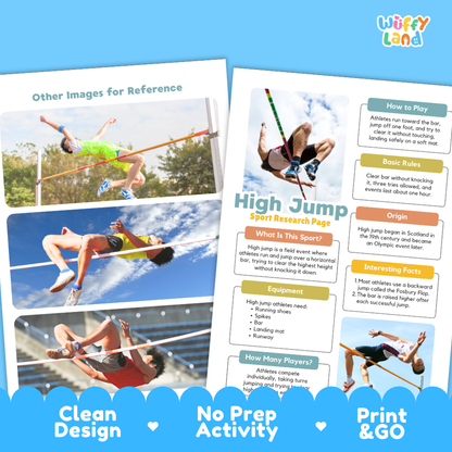 High Jump Sport Research Project Worksheets and Fact Sheet Activity