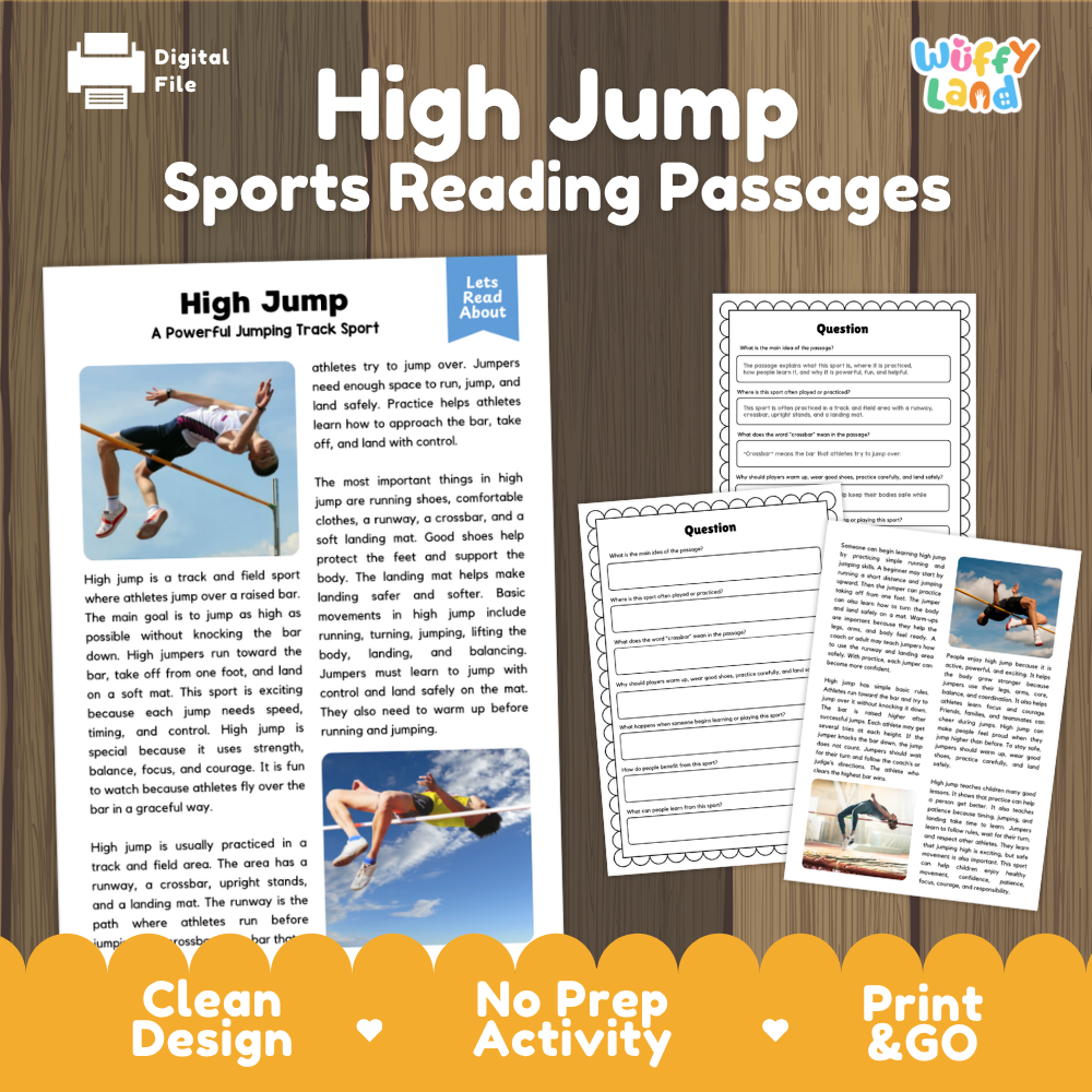 High Jump Sports Reading Passages and Comprehension Questions Worksheets
