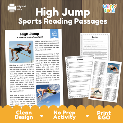 High Jump Sports Reading Passages and Comprehension Questions Worksheets