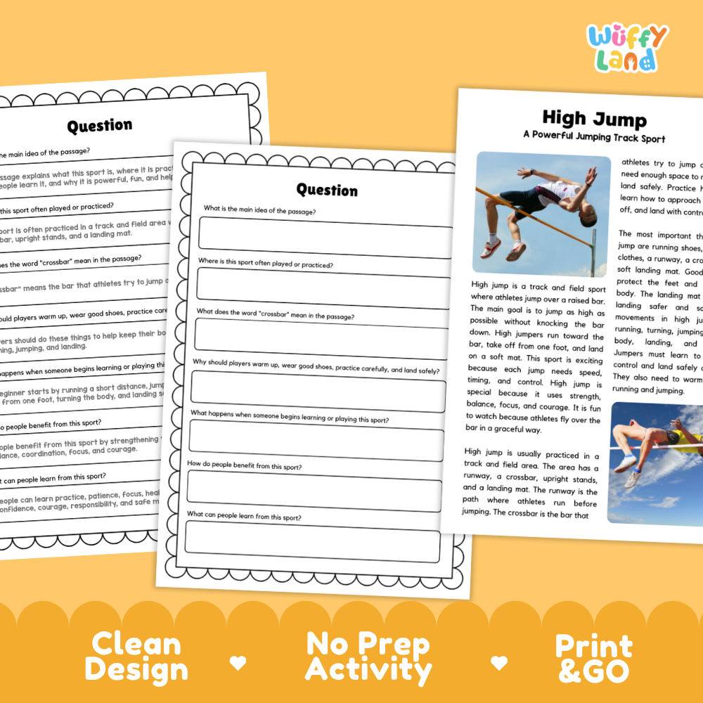 High Jump Sports Reading Passages and Comprehension Questions Worksheets