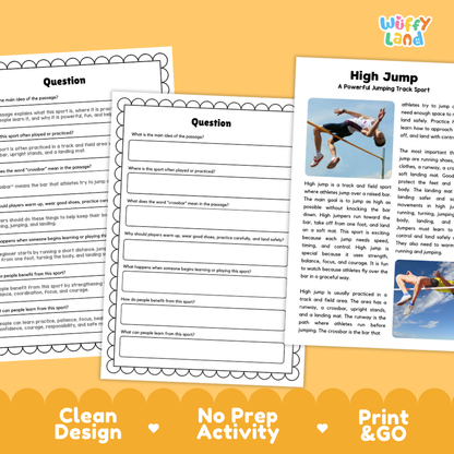 High Jump Sports Reading Passages and Comprehension Questions Worksheets
