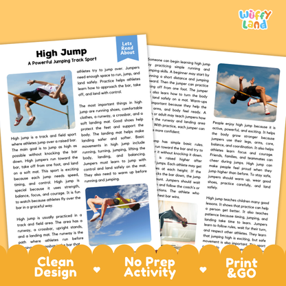 High Jump Sports Reading Passages and Comprehension Questions Worksheets