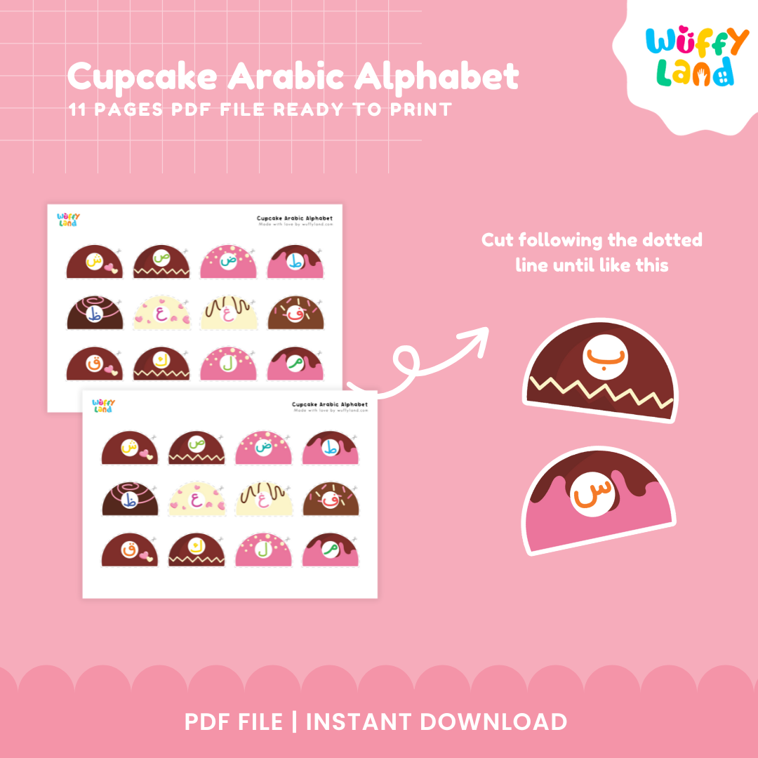 Hijaiyah matching game for kids with colorful cupcake pieces for Arabic alphabet practice and early learning