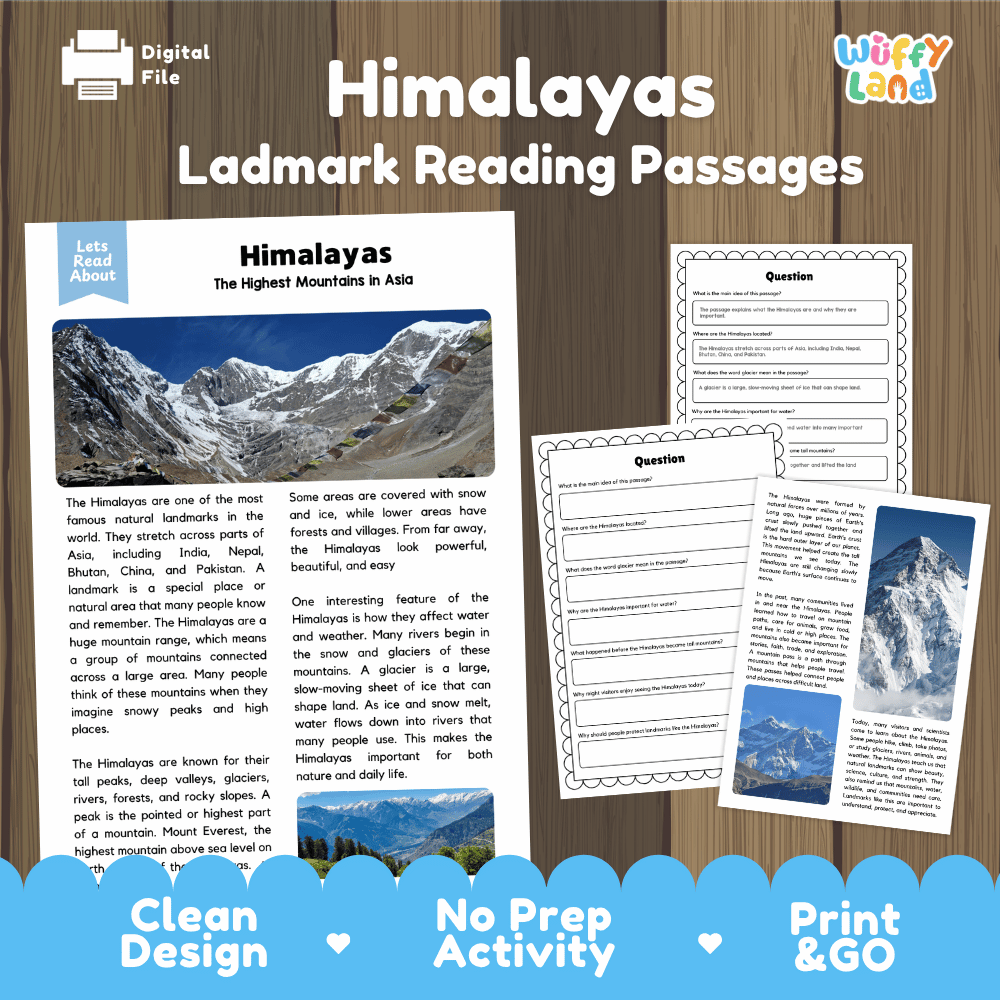 Himalayas landmark reading passages educational study unit featuring nonfiction reading worksheets and authentic snow-capped Asian mountain photography