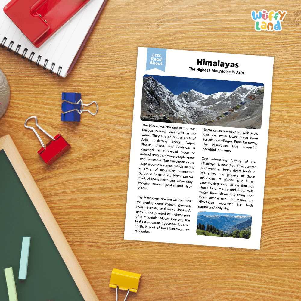 Lined reading comprehension question worksheet covering main ideas, vocabulary terms, and landmark facts about the Himalayas