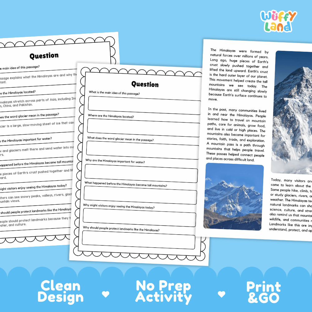 Student reading passage titled The Highest Mountains in Asia detailing Mount Everest, glaciers, tectonic plates, and Himalayan geography