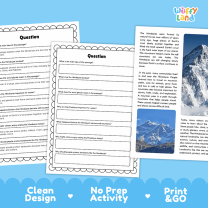 Student reading passage titled The Highest Mountains in Asia detailing Mount Everest, glaciers, tectonic plates, and Himalayan geography