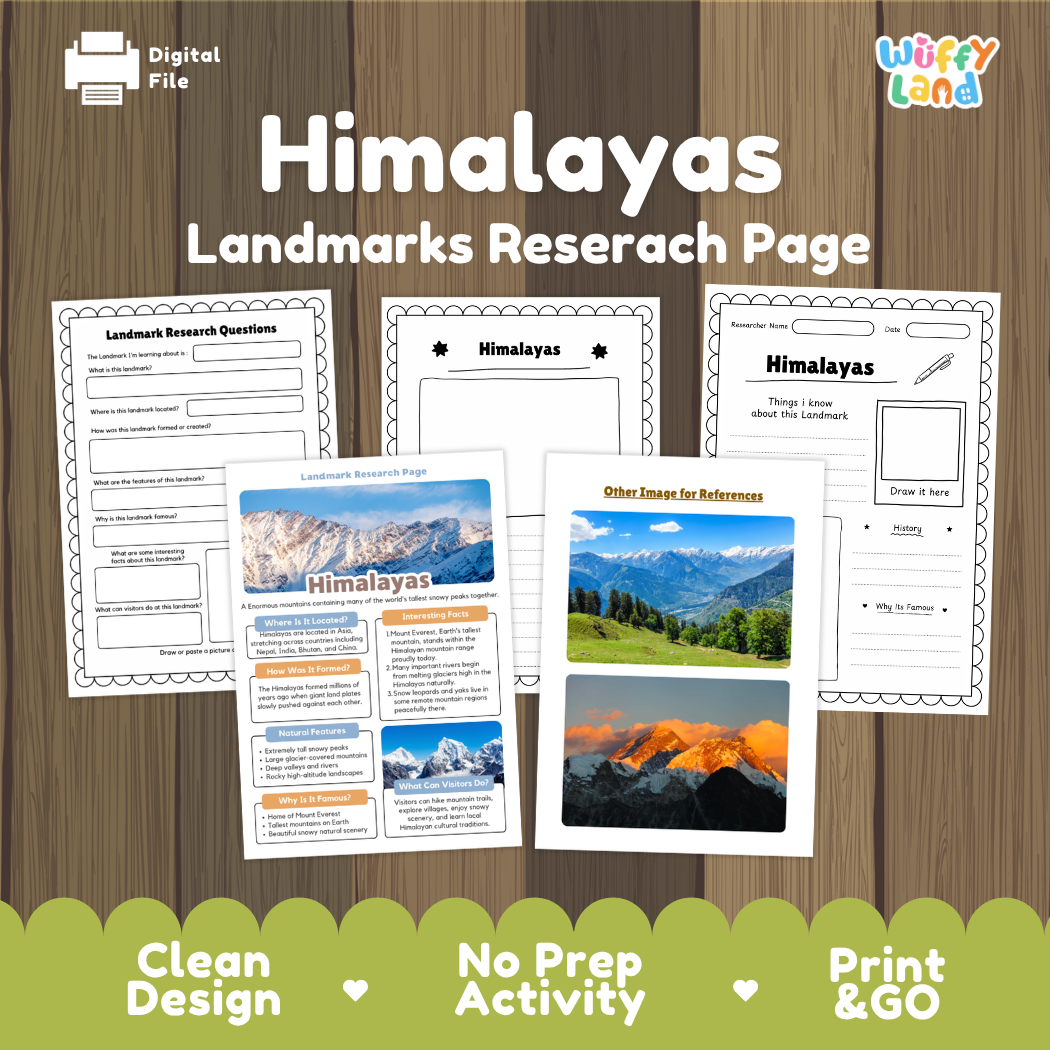 Digital preview of a 'Himalayas Landmarks Researach Page' activity sheet set by Wiffy Land, displayed on a dark wood background with green scalloped banner accents at the bottom.