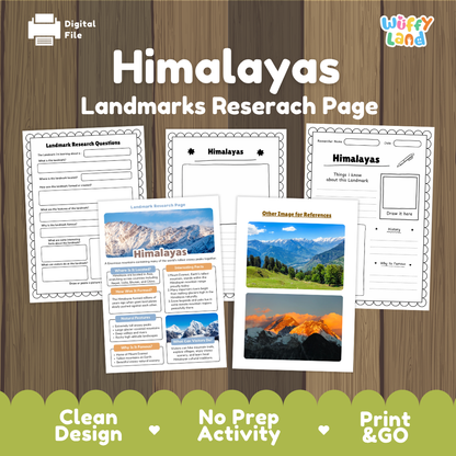 Digital preview of a 'Himalayas Landmarks Researach Page' activity sheet set by Wiffy Land, displayed on a dark wood background with green scalloped banner accents at the bottom.